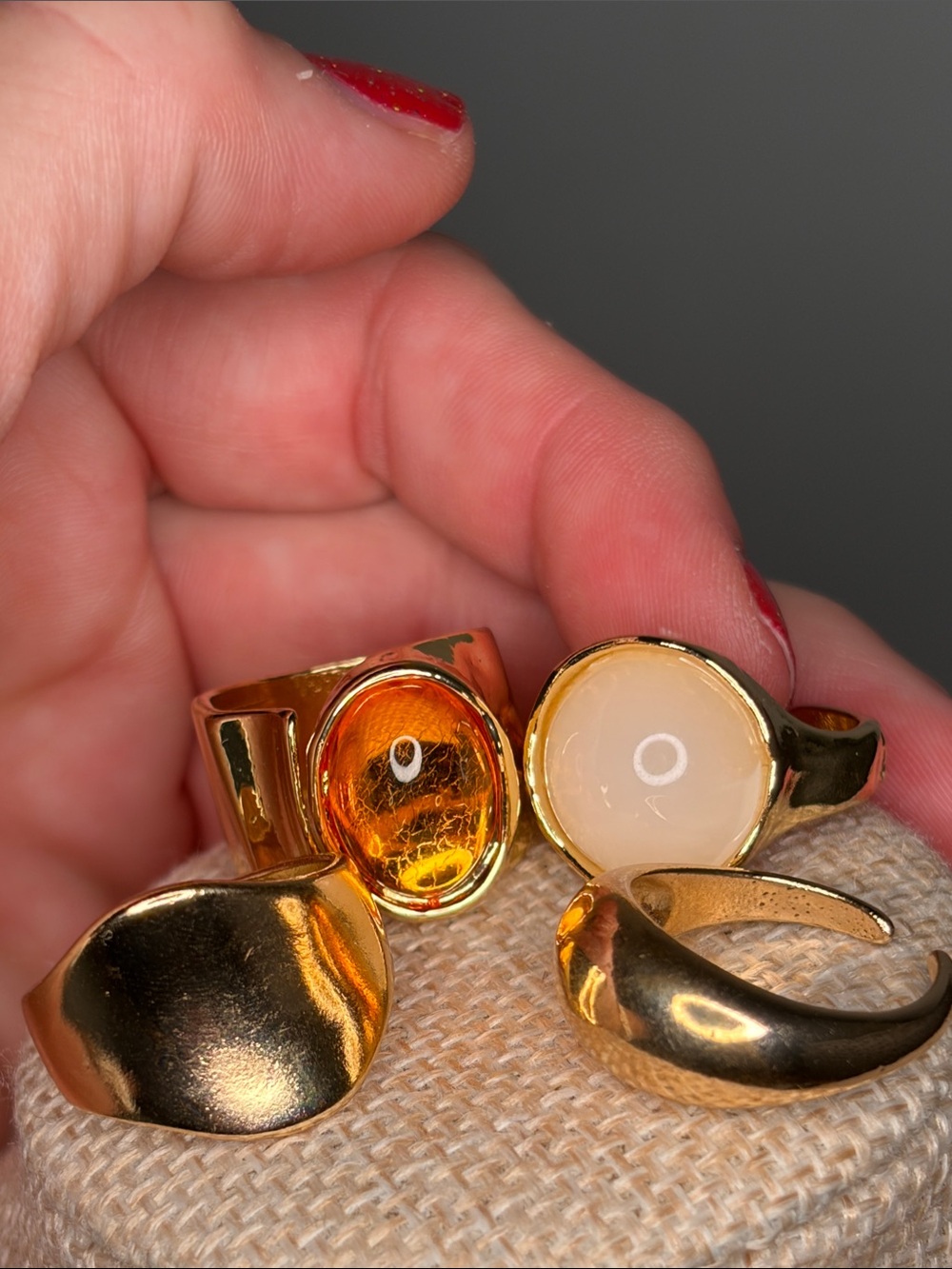 Gold Toned Women’s Statement Rings with Amber & Cream Stones set of 4 sizes 5-8